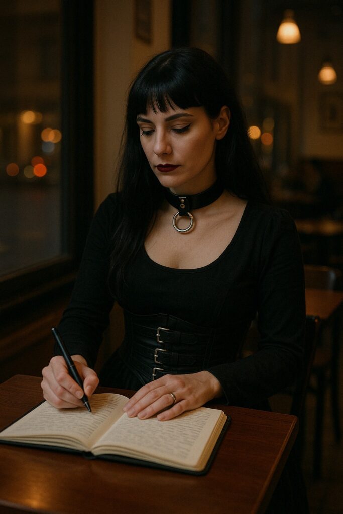 Vivienne writing in a Cafe in Berlin